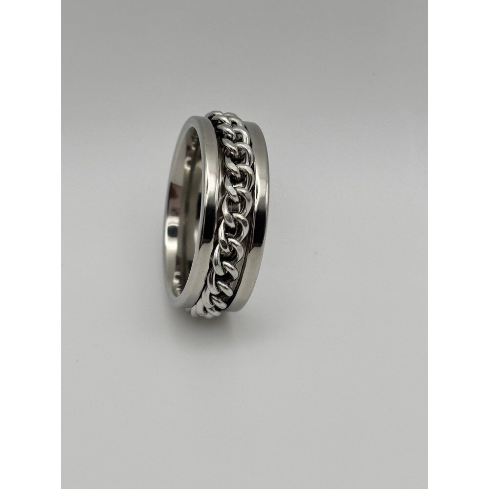 Men's Stainless Steel Spinner Ring with Chain Design - Silver